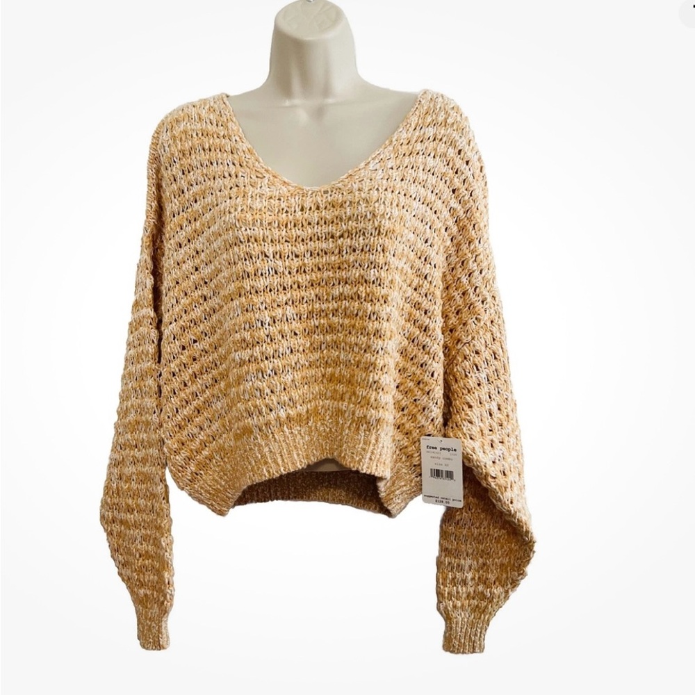 Free People V-Neck Sweater in Tan cream combo. Long sleeve. Boxy